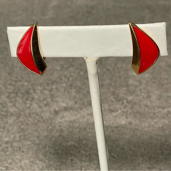 Vintage Signed Monet Red and Gold Tone Clip-on Earrings - Picture 1 of 5